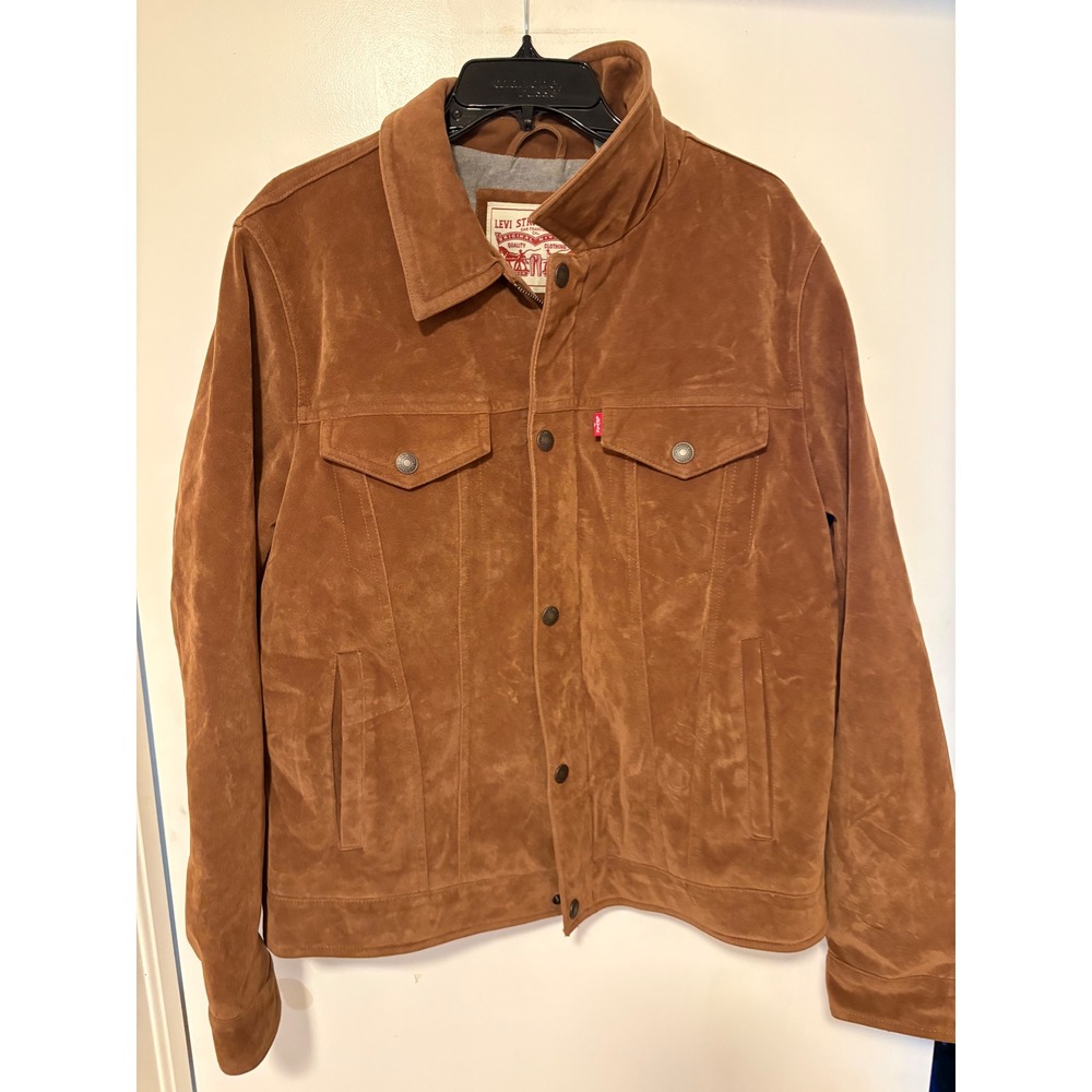 Levis Mens Faux Suede Trucker Jacket Brown Medium Button Front Coat RN 54163